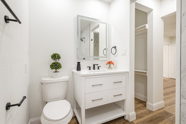 bathroom with wood-type flooring, vanity, and toilet