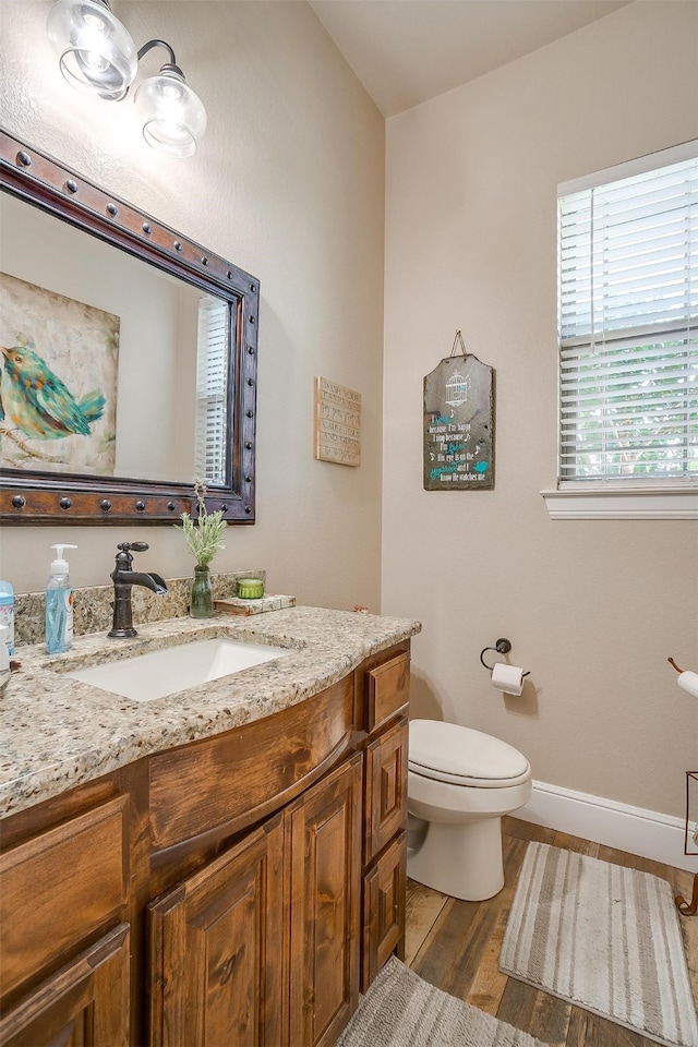 bathroom with wood-type flooring, vanity, and toilet