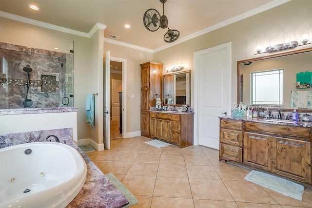 bathroom with vanity, separate shower and tub, ornamental molding, and tile patterned flooring