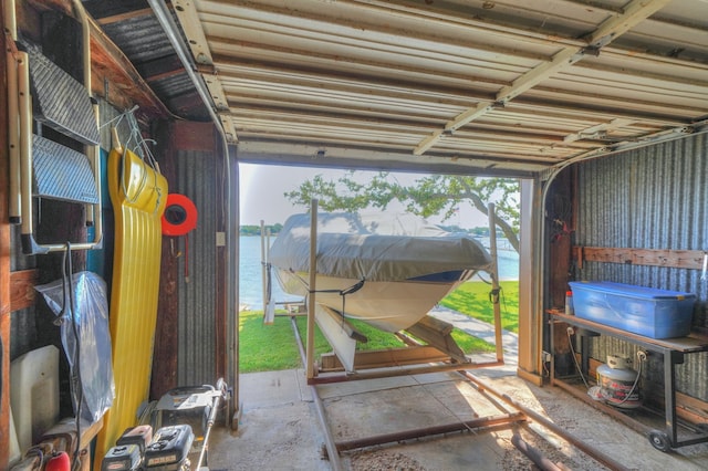 garage with a water view