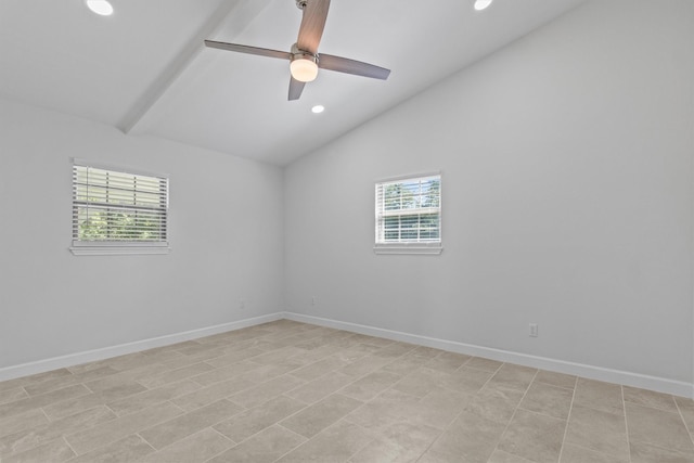 empty room with a ceiling fan, lofted ceiling, baseboards, and recessed lighting