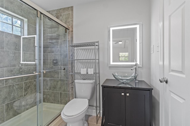 full bath featuring toilet, a shower stall, and vanity