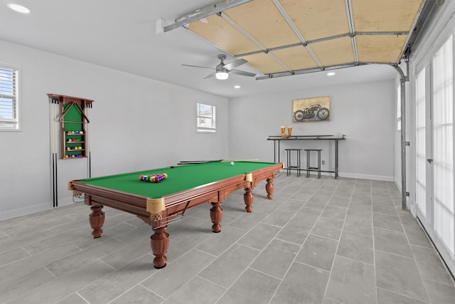 game room with ceiling fan, pool table, recessed lighting, and baseboards