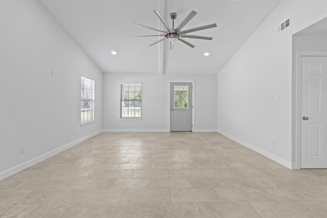 empty room with recessed lighting, visible vents, baseboards, vaulted ceiling, and a ceiling fan