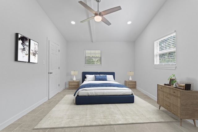 bedroom with recessed lighting, baseboards, ceiling fan, vaulted ceiling with beams, and light tile patterned flooring