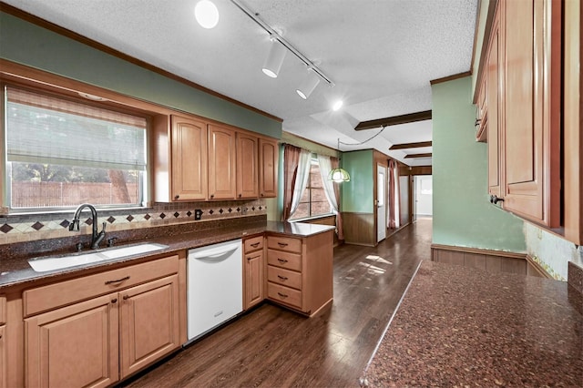 kitchen with a sink, a textured ceiling, a peninsula, dishwasher, and dark wood-style flooring