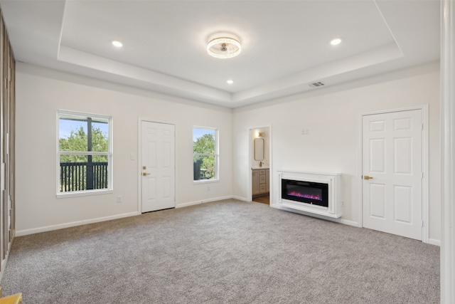 unfurnished living room with carpet flooring, plenty of natural light, and a raised ceiling