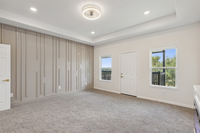 unfurnished room with a raised ceiling, light carpet, and a healthy amount of sunlight