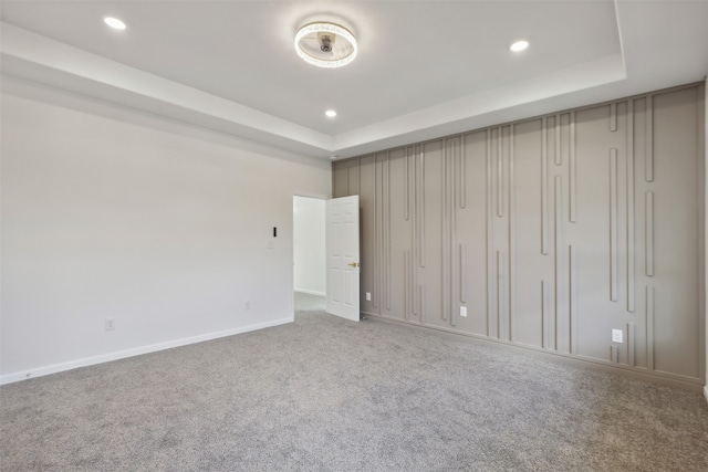 spare room featuring a raised ceiling and carpet