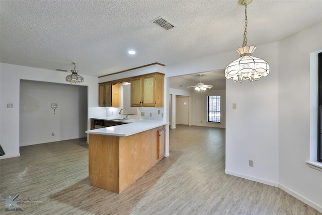 kitchen featuring light hardwood / wood-style flooring, a textured ceiling, sink, and ceiling fan with notable chandelier