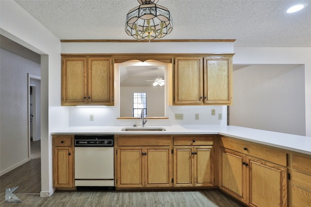 kitchen with a textured ceiling, white dishwasher, ceiling fan, sink, and wood-type flooring