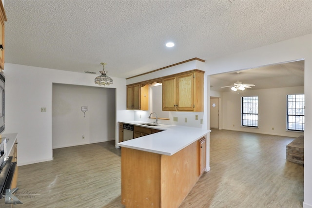 kitchen with a textured ceiling, dishwasher, ceiling fan, sink, and light hardwood / wood-style floors