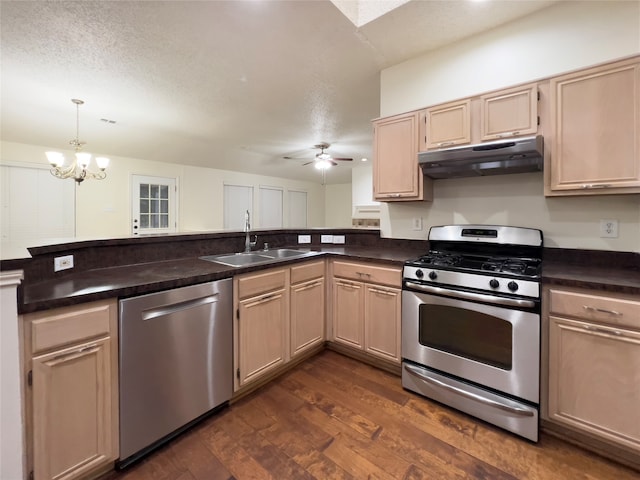 kitchen featuring ceiling fan with notable chandelier, light brown cabinets, appliances with stainless steel finishes, sink, and dark hardwood / wood-style floors