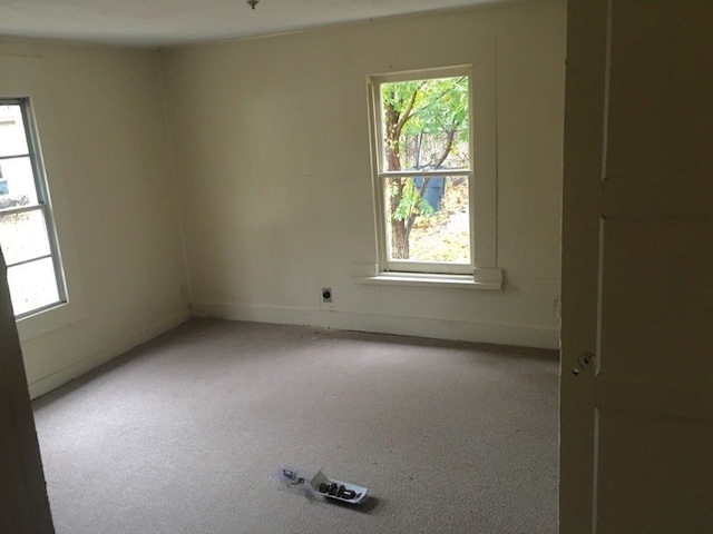 unfurnished room with a wealth of natural light and light carpet