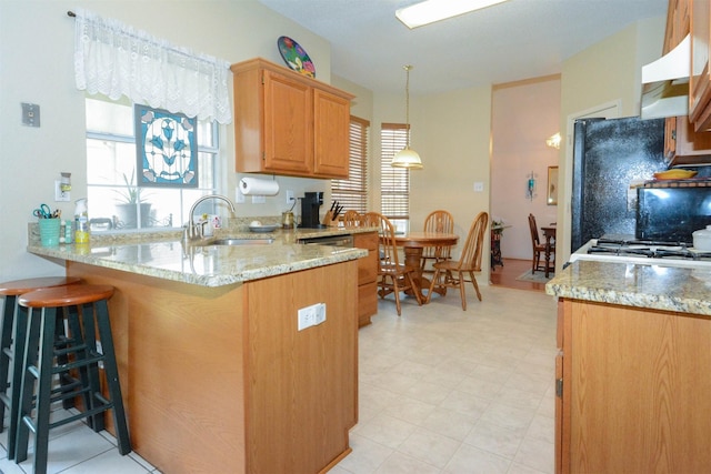 kitchen with kitchen peninsula, light stone counters, a healthy amount of sunlight, sink, and a breakfast bar area