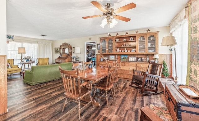 dining area with ceiling fan, a healthy amount of sunlight, and hardwood / wood-style flooring