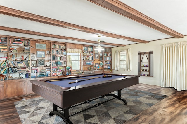 game room featuring wood-type flooring, pool table, and beamed ceiling