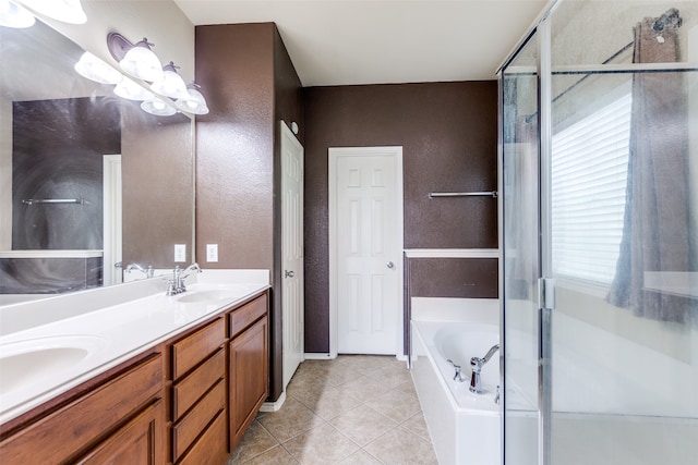 bathroom featuring vanity, tile patterned floors, plenty of natural light, and plus walk in shower