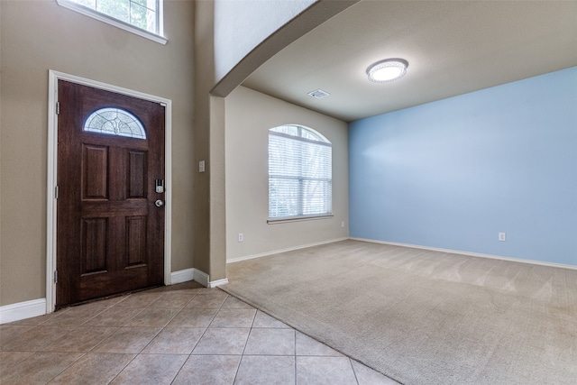 carpeted entrance foyer with a wealth of natural light