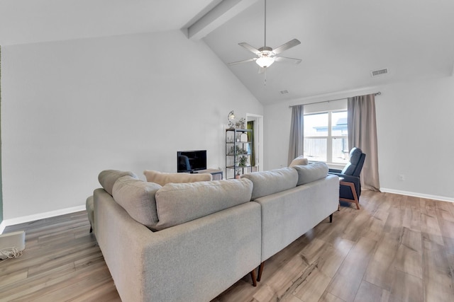 living room featuring high vaulted ceiling, beamed ceiling, ceiling fan, and wood-type flooring