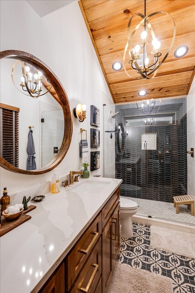 bathroom featuring an inviting chandelier, toilet, wood ceiling, lofted ceiling, and vanity