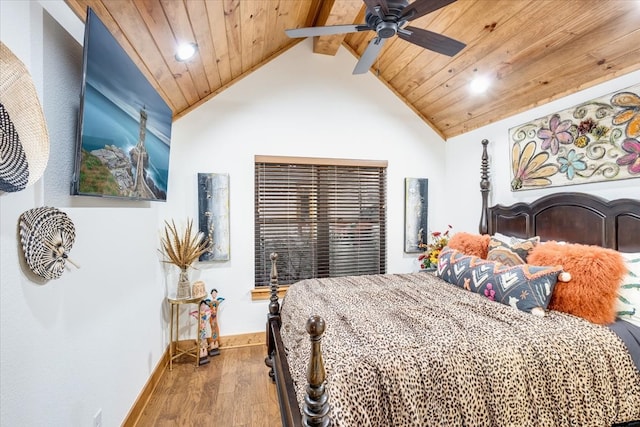 bedroom with lofted ceiling with beams, ceiling fan, wooden ceiling, and wood-type flooring