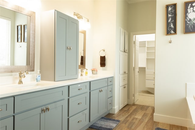 bathroom with a bath, wood-type flooring, and double sink vanity