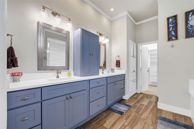 bathroom featuring crown molding, hardwood / wood-style floors, and vanity