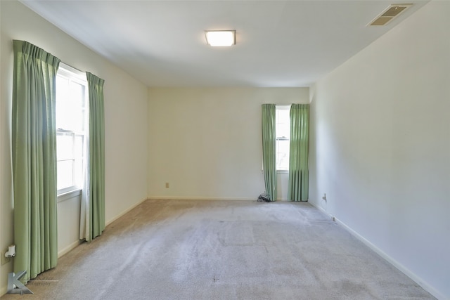 spare room featuring a wealth of natural light and light carpet