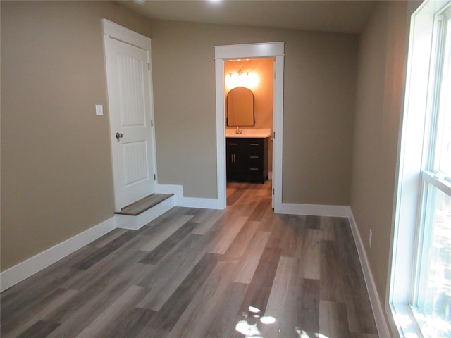 interior space featuring ensuite bath, hardwood / wood-style floors, and sink