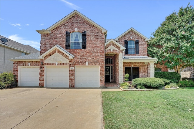 front facade with a front lawn and a garage