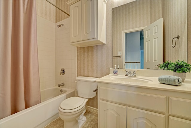 bathroom featuring wallpapered walls, toilet, tile patterned flooring, and shower / bath combination with curtain