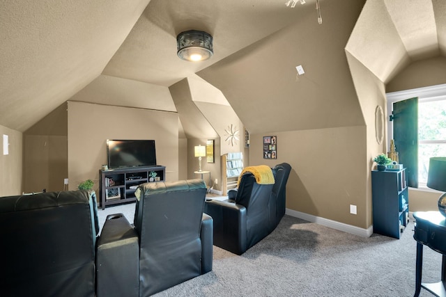 cinema featuring vaulted ceiling, a textured ceiling, and carpet