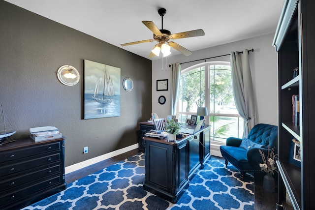 office area featuring dark hardwood / wood-style floors and ceiling fan