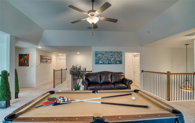 recreation room featuring ceiling fan, pool table, and light colored carpet