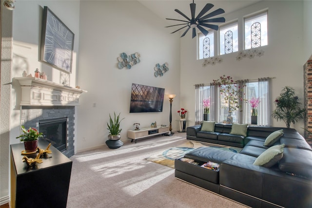 living room featuring a towering ceiling and carpet