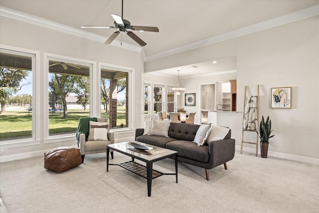 carpeted living room featuring ceiling fan with notable chandelier and ornamental molding