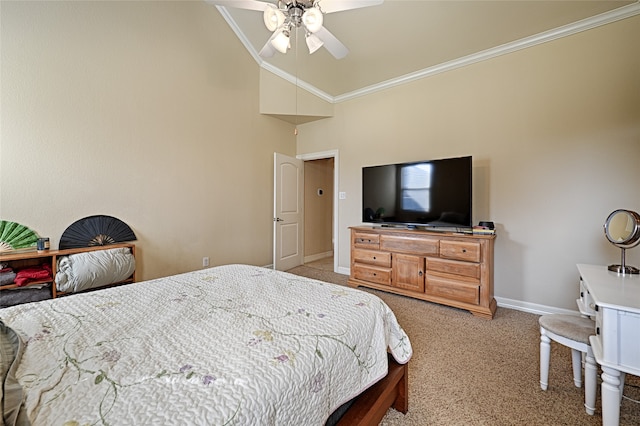 carpeted bedroom featuring ceiling fan, high vaulted ceiling, and ornamental molding