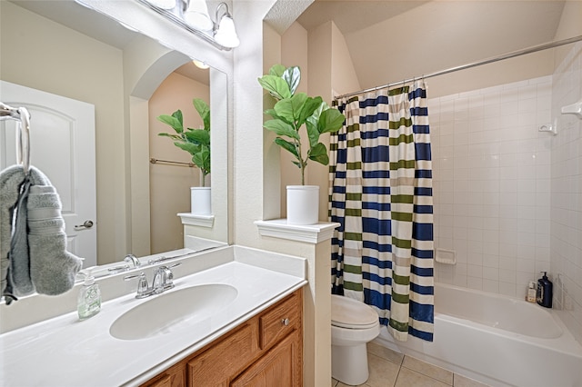 full bathroom featuring tile patterned flooring, vanity, shower / bathtub combination with curtain, and toilet