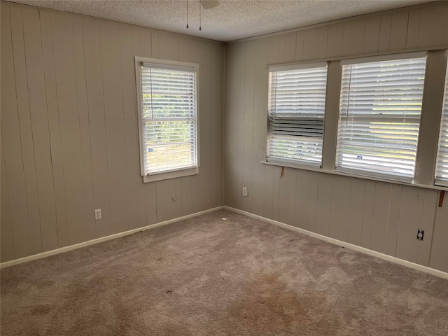 empty room with light carpet, a textured ceiling, and wood walls