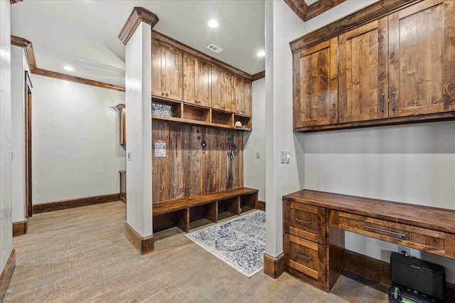 mudroom with light wood finished floors, baseboards, ornamental molding, and recessed lighting