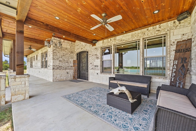 view of patio with ceiling fan and outdoor lounge area