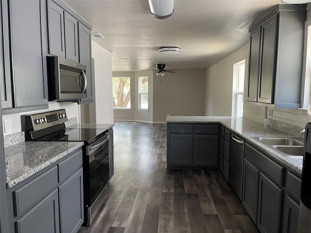 kitchen with gray cabinetry, stainless steel appliances, a peninsula, a sink, and dark wood-style floors