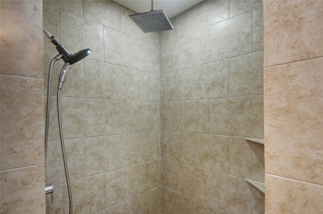 bathroom with toilet, walk in shower, vanity, and tile walls