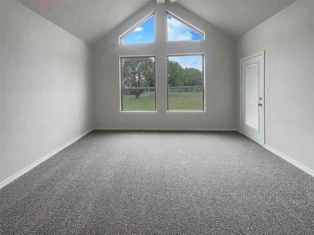 spare room with carpet flooring and lofted ceiling