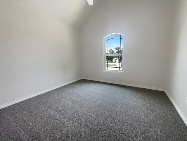 unfurnished room with high vaulted ceiling and carpet