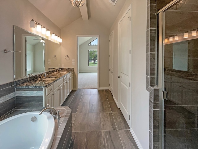 bathroom with shower with separate bathtub, ceiling fan, double sink vanity, tile patterned flooring, and vaulted ceiling with beams