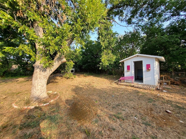 view of yard featuring a storage shed