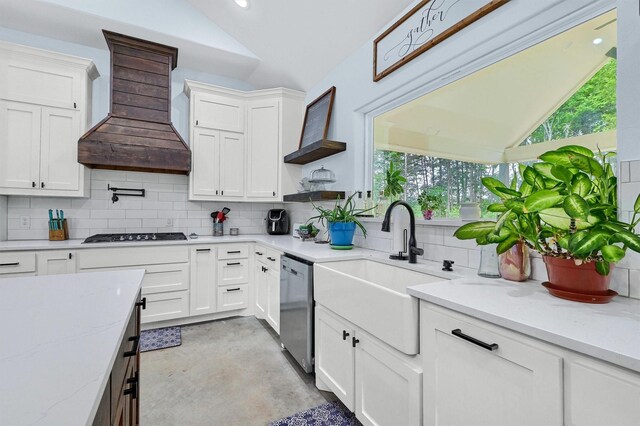 kitchen featuring lofted ceiling, tasteful backsplash, stainless steel appliances, and custom exhaust hood