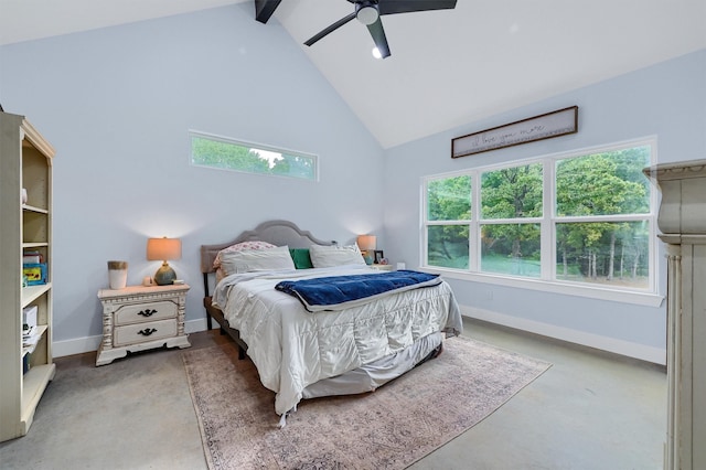 bedroom featuring ceiling fan, high vaulted ceiling, and beamed ceiling